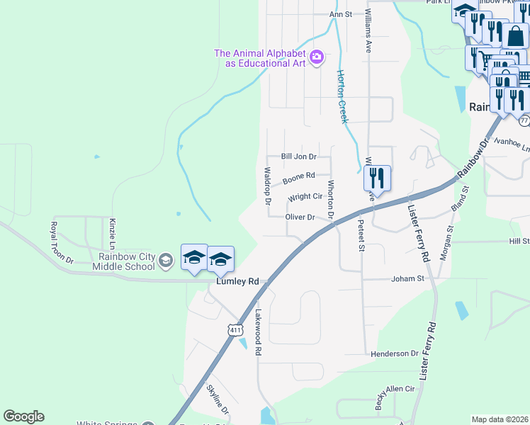 map of restaurants, bars, coffee shops, grocery stores, and more near 4201 Oliver Dr in Rainbow City