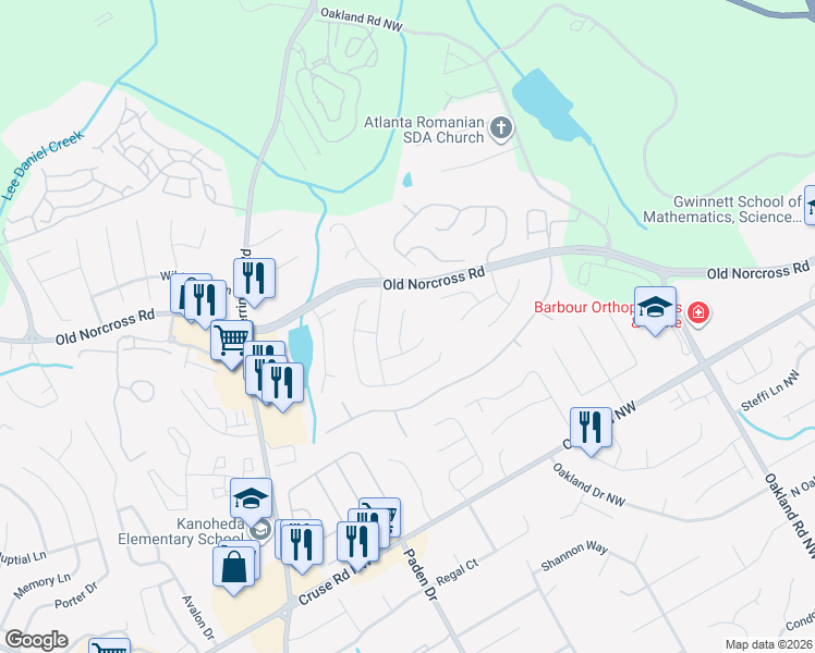 map of restaurants, bars, coffee shops, grocery stores, and more near 1051 Chase Creek Court in Lawrenceville