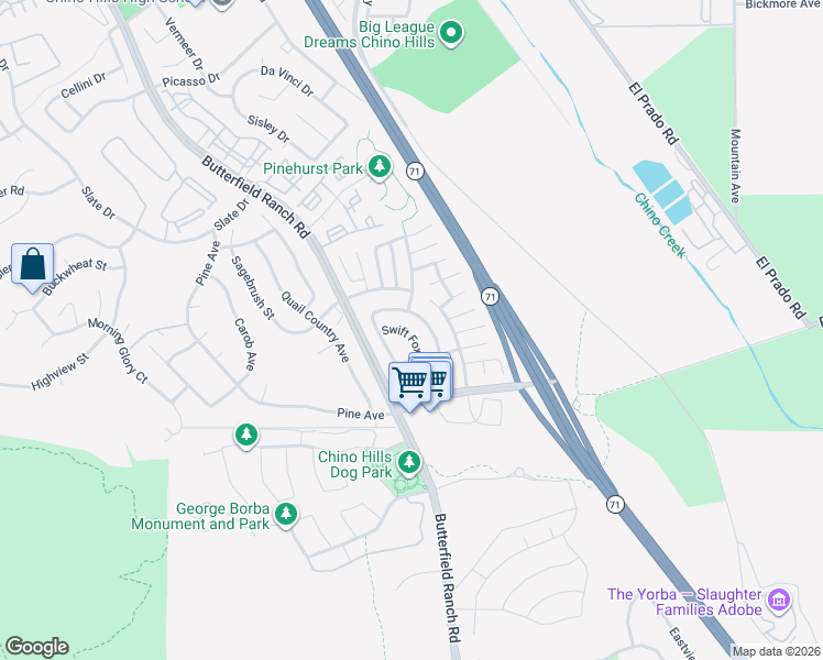 map of restaurants, bars, coffee shops, grocery stores, and more near 16731 Swift Fox Avenue in Chino Hills