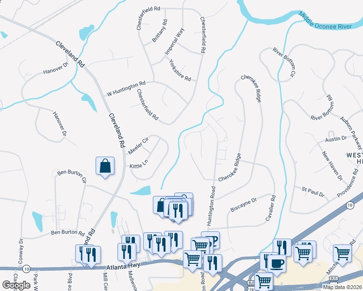 map of restaurants, bars, coffee shops, grocery stores, and more near 116 Laurel Springs Drive in Bogart