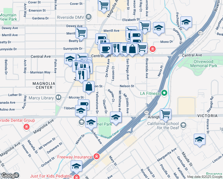 map of restaurants, bars, coffee shops, grocery stores, and more near 6756 Rainier Court in Riverside