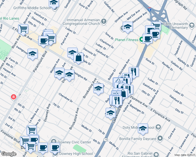 map of restaurants, bars, coffee shops, grocery stores, and more near in Downey
