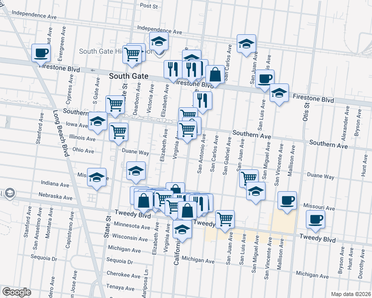 map of restaurants, bars, coffee shops, grocery stores, and more near 9335 California Avenue in South Gate