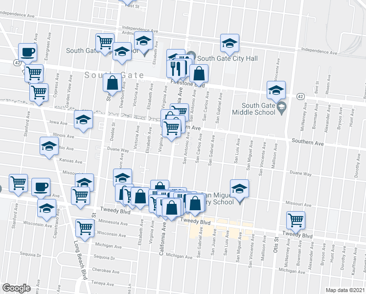 map of restaurants, bars, coffee shops, grocery stores, and more near 9327 San Antonio Avenue in South Gate