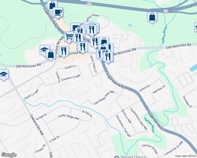 map of restaurants, bars, coffee shops, grocery stores, and more near 764 Garden Grove Drive Northwest in Lawrenceville
