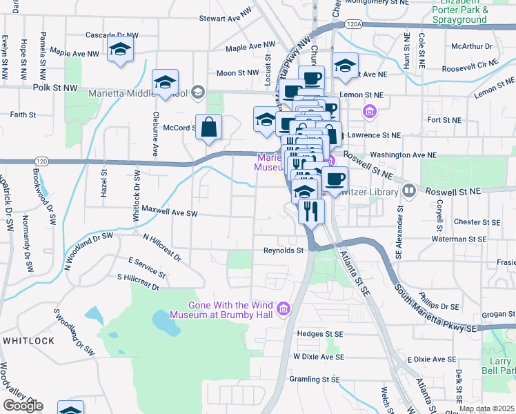 map of restaurants, bars, coffee shops, grocery stores, and more near 219 Wright Street SW in Marietta