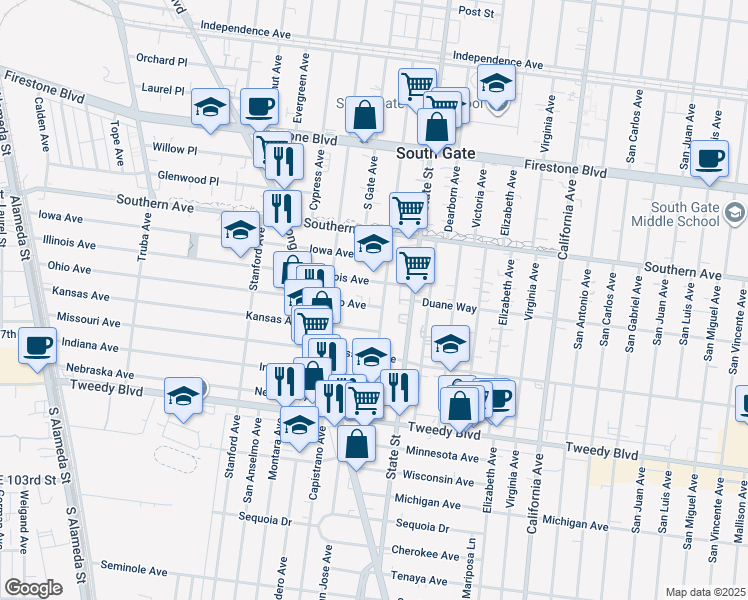 map of restaurants, bars, coffee shops, grocery stores, and more near 3175 Ohio Avenue in South Gate