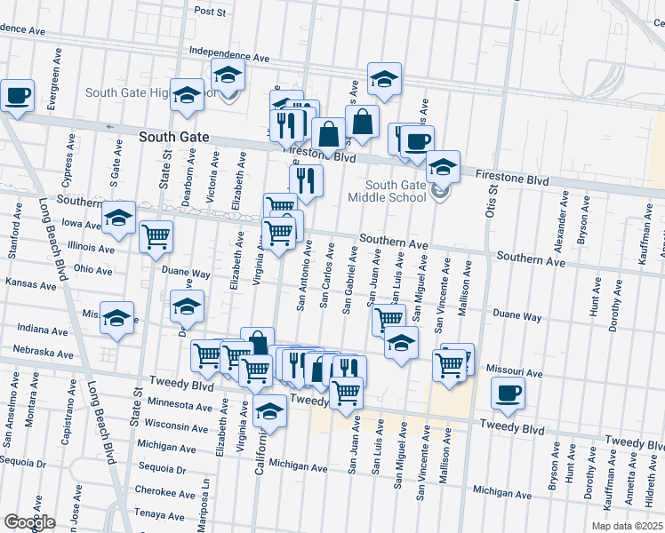 map of restaurants, bars, coffee shops, grocery stores, and more near 9324 San Carlos Avenue in South Gate