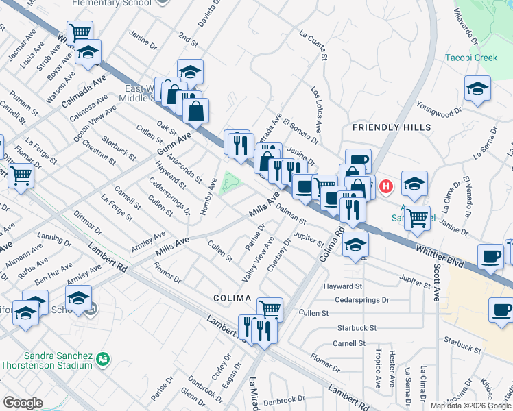 map of restaurants, bars, coffee shops, grocery stores, and more near 9127 Mills Avenue in Whittier