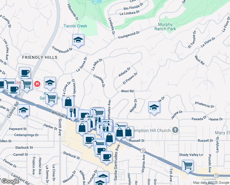 map of restaurants, bars, coffee shops, grocery stores, and more near 9803 Santa Gertrudes Avenue in Whittier