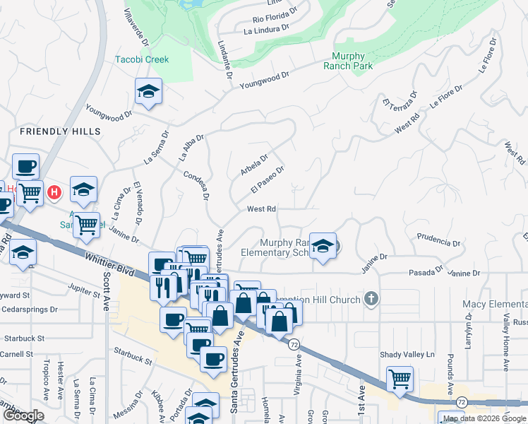 map of restaurants, bars, coffee shops, grocery stores, and more near 15838 West Road in Whittier