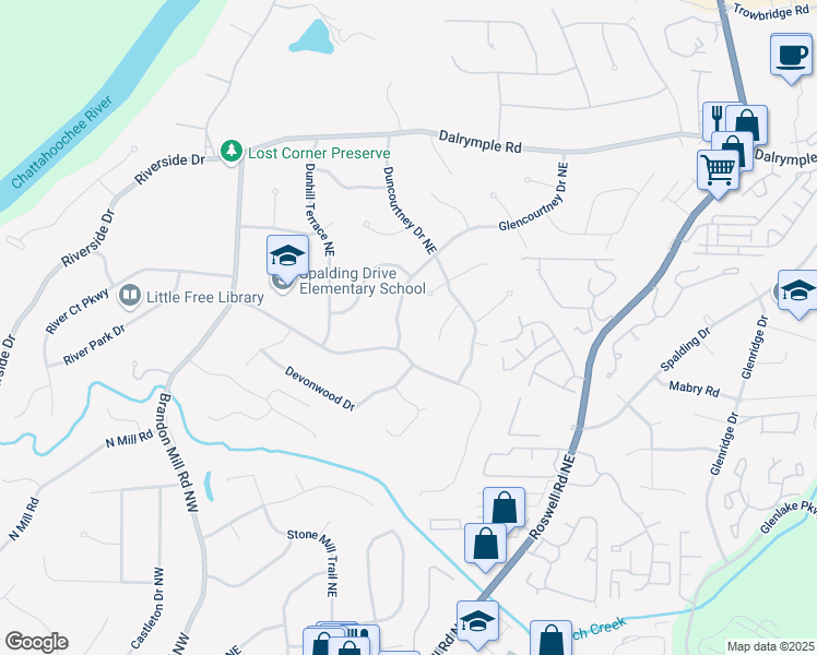 map of restaurants, bars, coffee shops, grocery stores, and more near 205 Glencourtney Drive Northeast in Atlanta