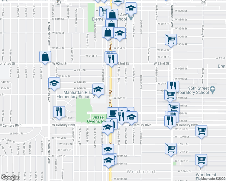 map of restaurants, bars, coffee shops, grocery stores, and more near 9508 South Western Avenue in Los Angeles