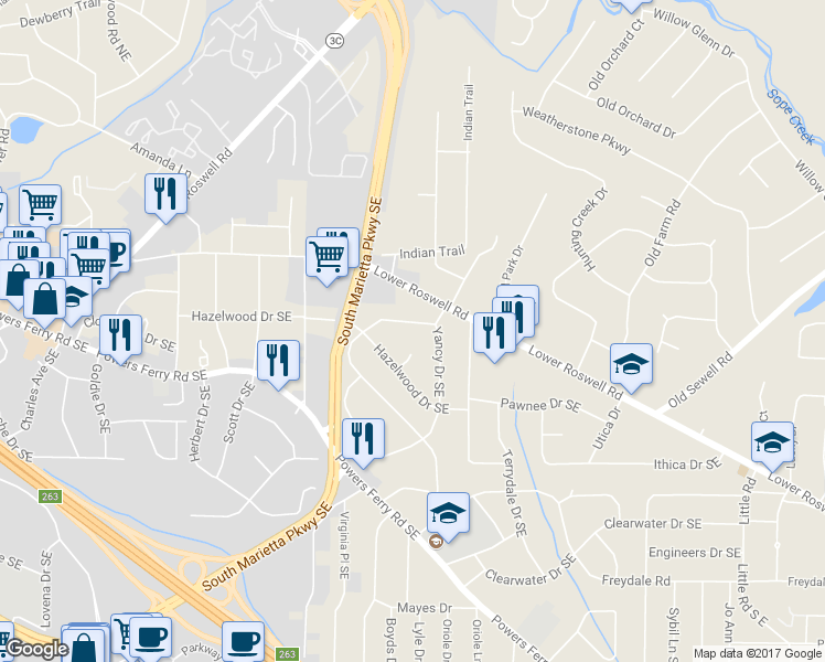 map of restaurants, bars, coffee shops, grocery stores, and more near 1817 Clearwater Drive Southeast in Marietta