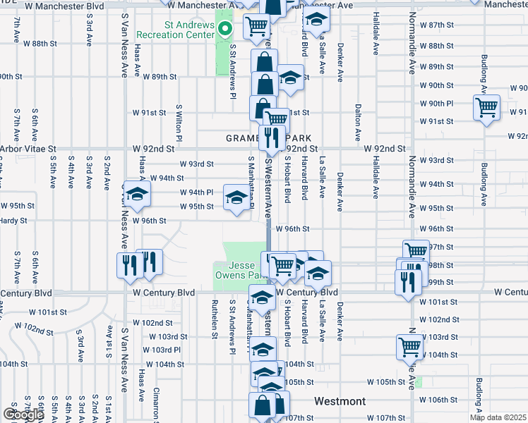 map of restaurants, bars, coffee shops, grocery stores, and more near 9509 South Western Avenue in Los Angeles