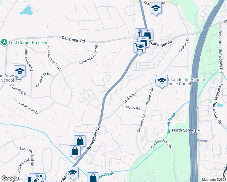 map of restaurants, bars, coffee shops, grocery stores, and more near 217 Spalding Gates Drive Northeast in Atlanta