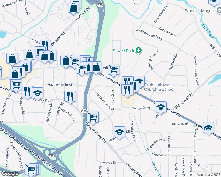 map of restaurants, bars, coffee shops, grocery stores, and more near 101 Yancy Drive Southeast in Marietta