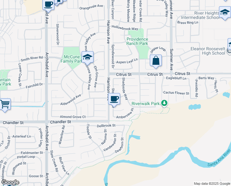 map of restaurants, bars, coffee shops, grocery stores, and more near 7628 Stonegate Drive in Corona
