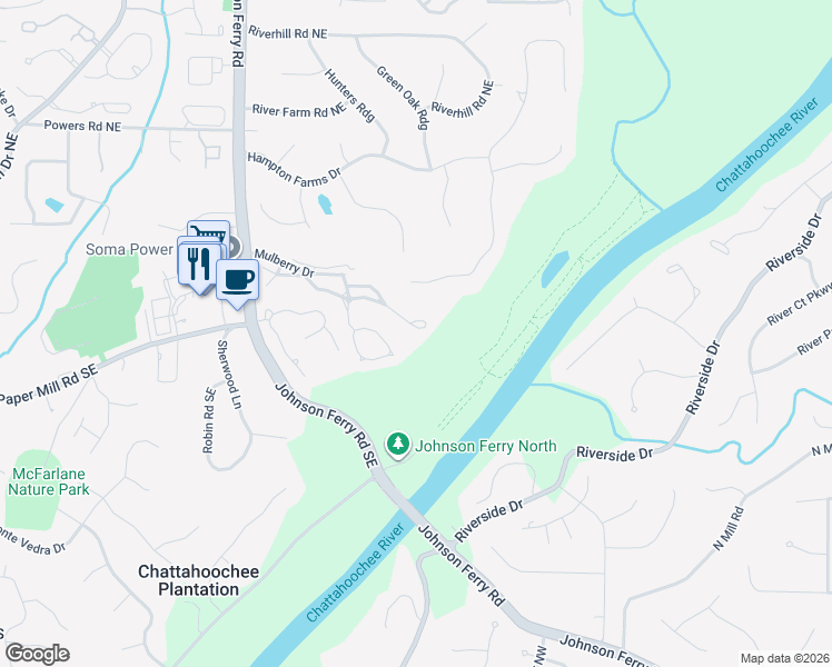 map of restaurants, bars, coffee shops, grocery stores, and more near 503 Bridle Path in Marietta