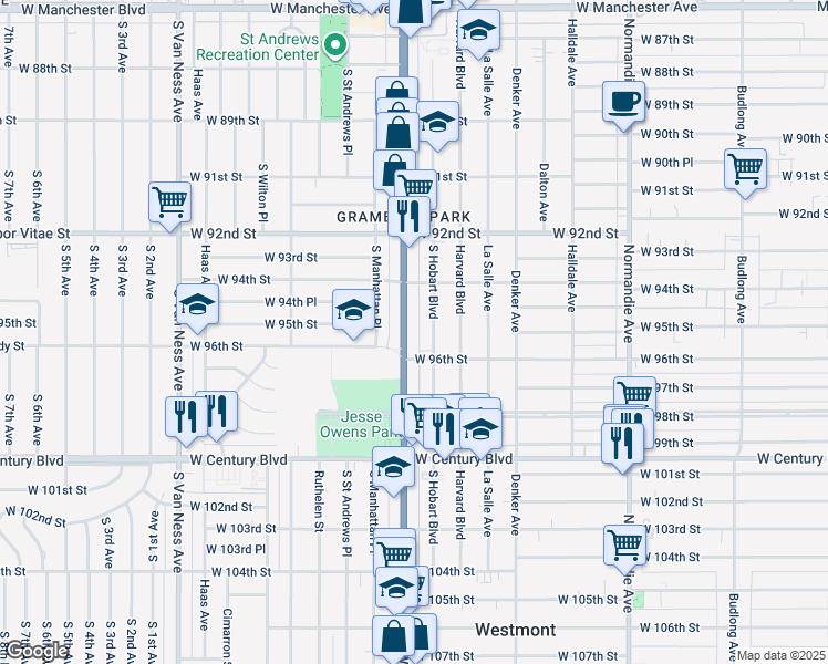 map of restaurants, bars, coffee shops, grocery stores, and more near 9508 South Western Avenue in Los Angeles