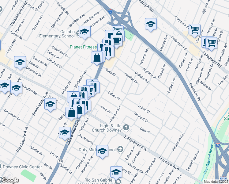 map of restaurants, bars, coffee shops, grocery stores, and more near 9728 Shellyfield Road in Downey
