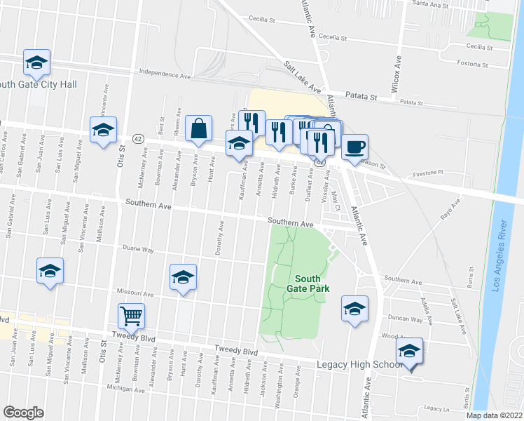 map of restaurants, bars, coffee shops, grocery stores, and more near 9002 Annetta Avenue in South Gate