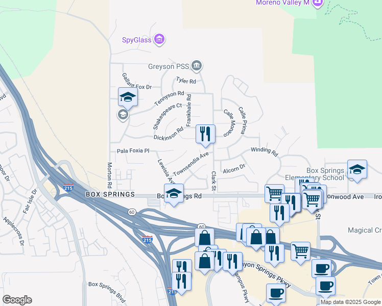 map of restaurants, bars, coffee shops, grocery stores, and more near 21405 Lilium Court in Moreno Valley