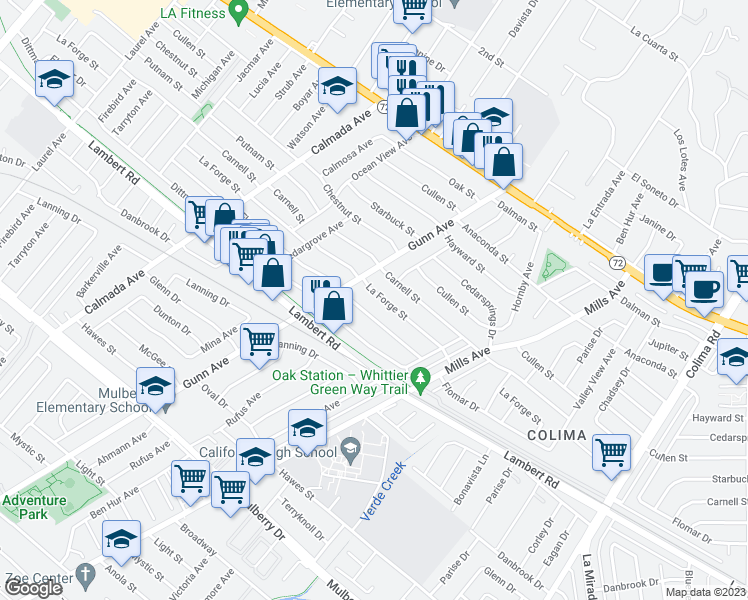map of restaurants, bars, coffee shops, grocery stores, and more near 14328 La Forge Street in Whittier