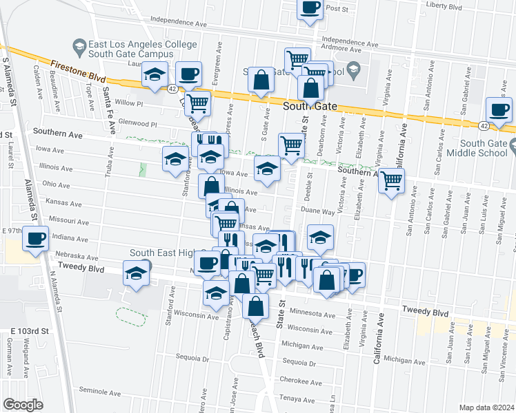 map of restaurants, bars, coffee shops, grocery stores, and more near 3139 Ohio Avenue in South Gate