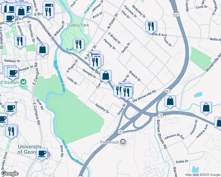 map of restaurants, bars, coffee shops, grocery stores, and more near 448 Georgia Drive in Athens