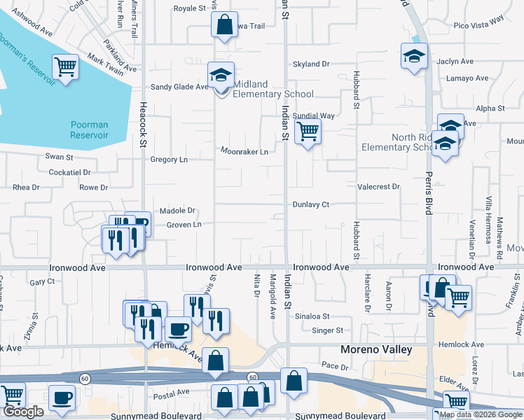 map of restaurants, bars, coffee shops, grocery stores, and more near 24423 Dunlavy Court in Moreno Valley