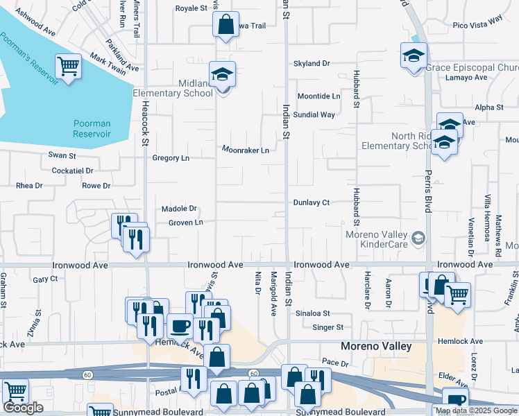 map of restaurants, bars, coffee shops, grocery stores, and more near 24409 Dunlavy Court in Moreno Valley