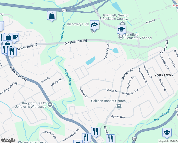 map of restaurants, bars, coffee shops, grocery stores, and more near 1344 Sydney Pond Circle Northwest in Lawrenceville