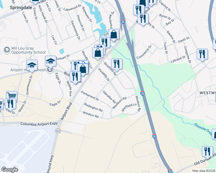 map of restaurants, bars, coffee shops, grocery stores, and more near 2207 Londonderry Lane in Cayce