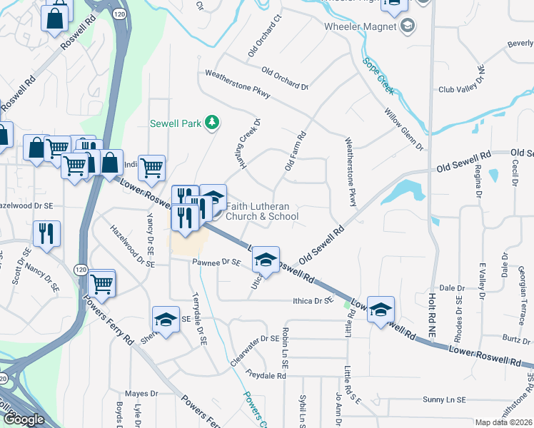 map of restaurants, bars, coffee shops, grocery stores, and more near 15 Old Farm Road in Marietta