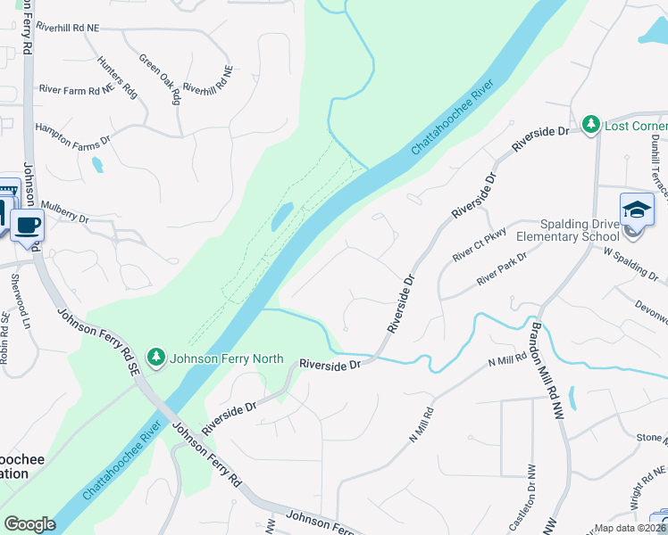 map of restaurants, bars, coffee shops, grocery stores, and more near 3000 River North Parkway Northwest in Atlanta