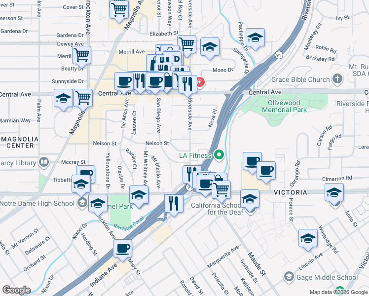 map of restaurants, bars, coffee shops, grocery stores, and more near 3509 Nelson St in Riverside