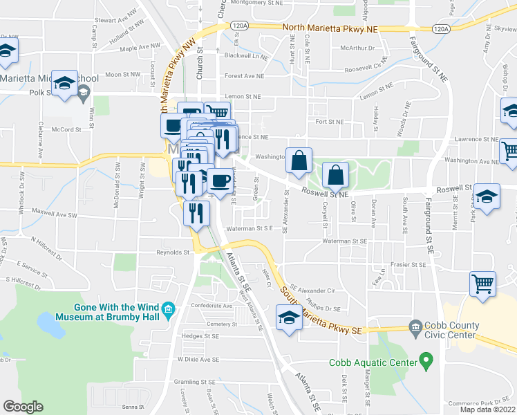 map of restaurants, bars, coffee shops, grocery stores, and more near 383 Summerhour Street in Marietta