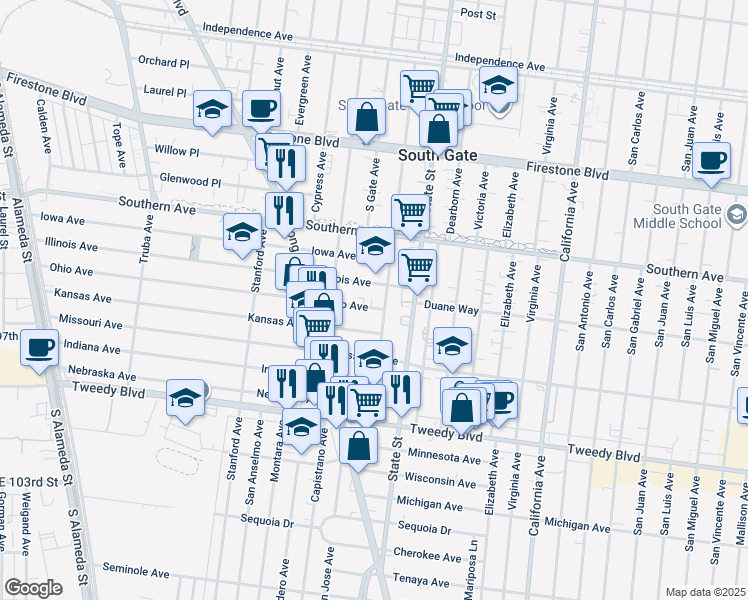map of restaurants, bars, coffee shops, grocery stores, and more near 3175 Ohio Avenue in South Gate