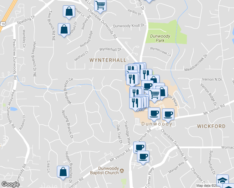 map of restaurants, bars, coffee shops, grocery stores, and more near 5137 Hidden Branches Circle in Atlanta