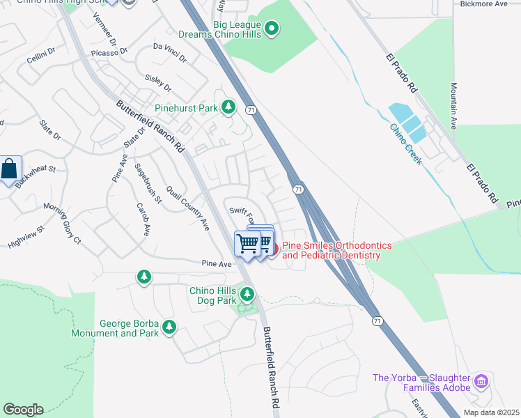 map of restaurants, bars, coffee shops, grocery stores, and more near 16675 Bear Creek Avenue in Chino Hills