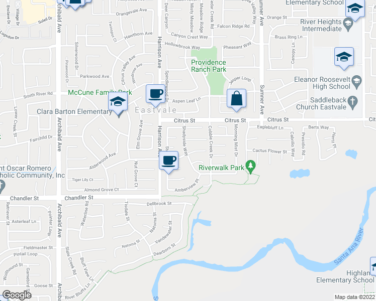 map of restaurants, bars, coffee shops, grocery stores, and more near 13704 Star Ruby Avenue in Corona