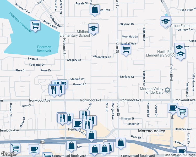 map of restaurants, bars, coffee shops, grocery stores, and more near 24317 Dunlavy Court in Moreno Valley