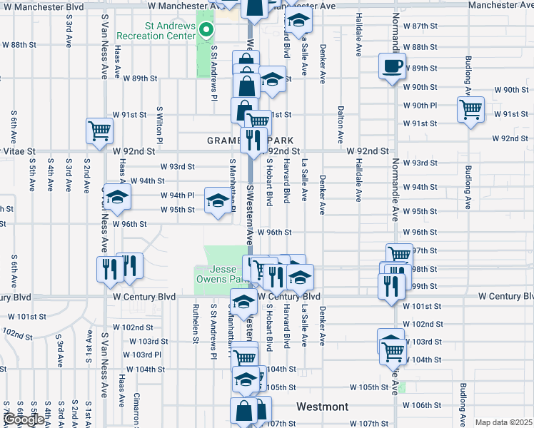 map of restaurants, bars, coffee shops, grocery stores, and more near 9451 South Hobart Boulevard in Los Angeles