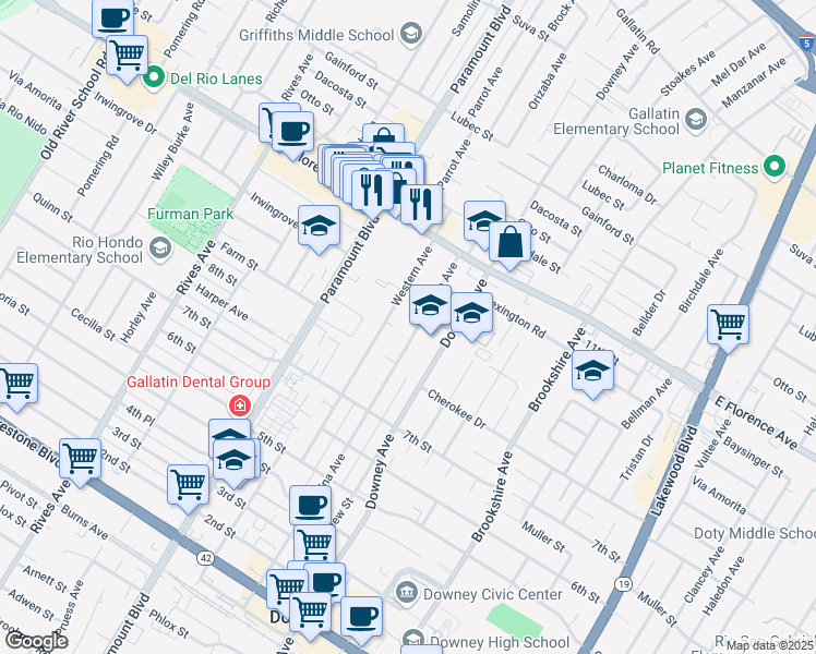 map of restaurants, bars, coffee shops, grocery stores, and more near 10349 La Reina Avenue in Downey