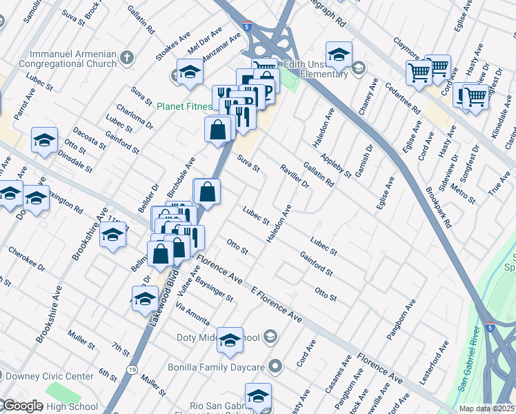 map of restaurants, bars, coffee shops, grocery stores, and more near 9728 Shellyfield Road in Downey