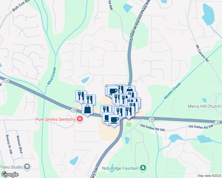 map of restaurants, bars, coffee shops, grocery stores, and more near 2519 Barrett Preserve Court in Marietta