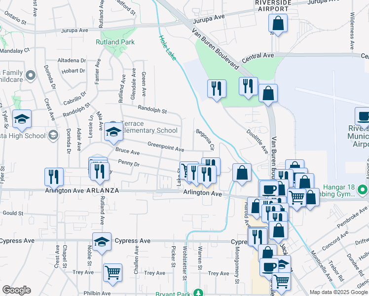 map of restaurants, bars, coffee shops, grocery stores, and more near 6580 Lake Street in Riverside