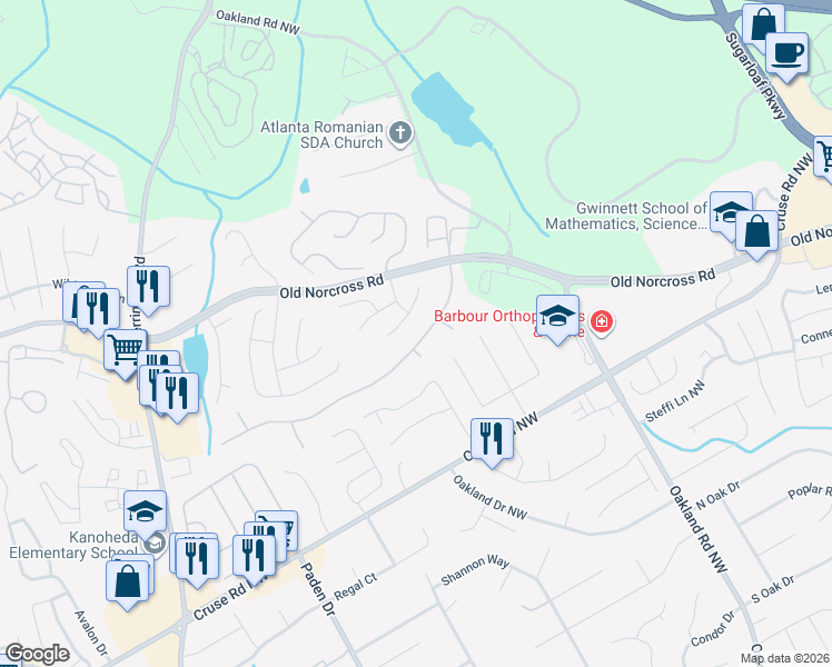 map of restaurants, bars, coffee shops, grocery stores, and more near 2355 Waterford Park Drive in Lawrenceville