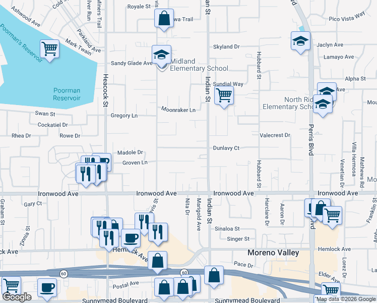 map of restaurants, bars, coffee shops, grocery stores, and more near 24409 Dunlavy Court in Moreno Valley